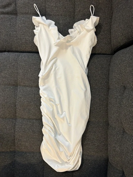 White Ruffle Dress with Side Ruching - Picture 2 of 2